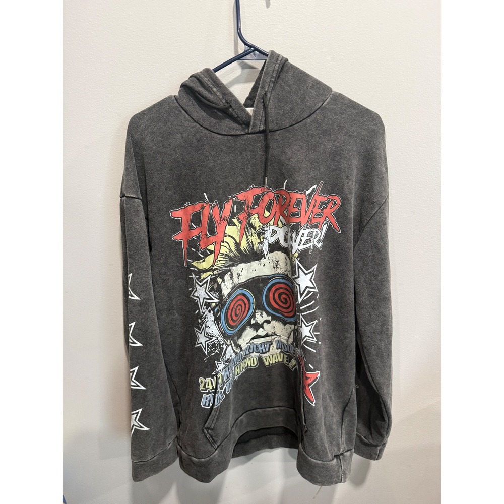 ZZG Fly Forever Acid Wash Graphic Hoodie Charcoal Grey Streetwear Men's Medium